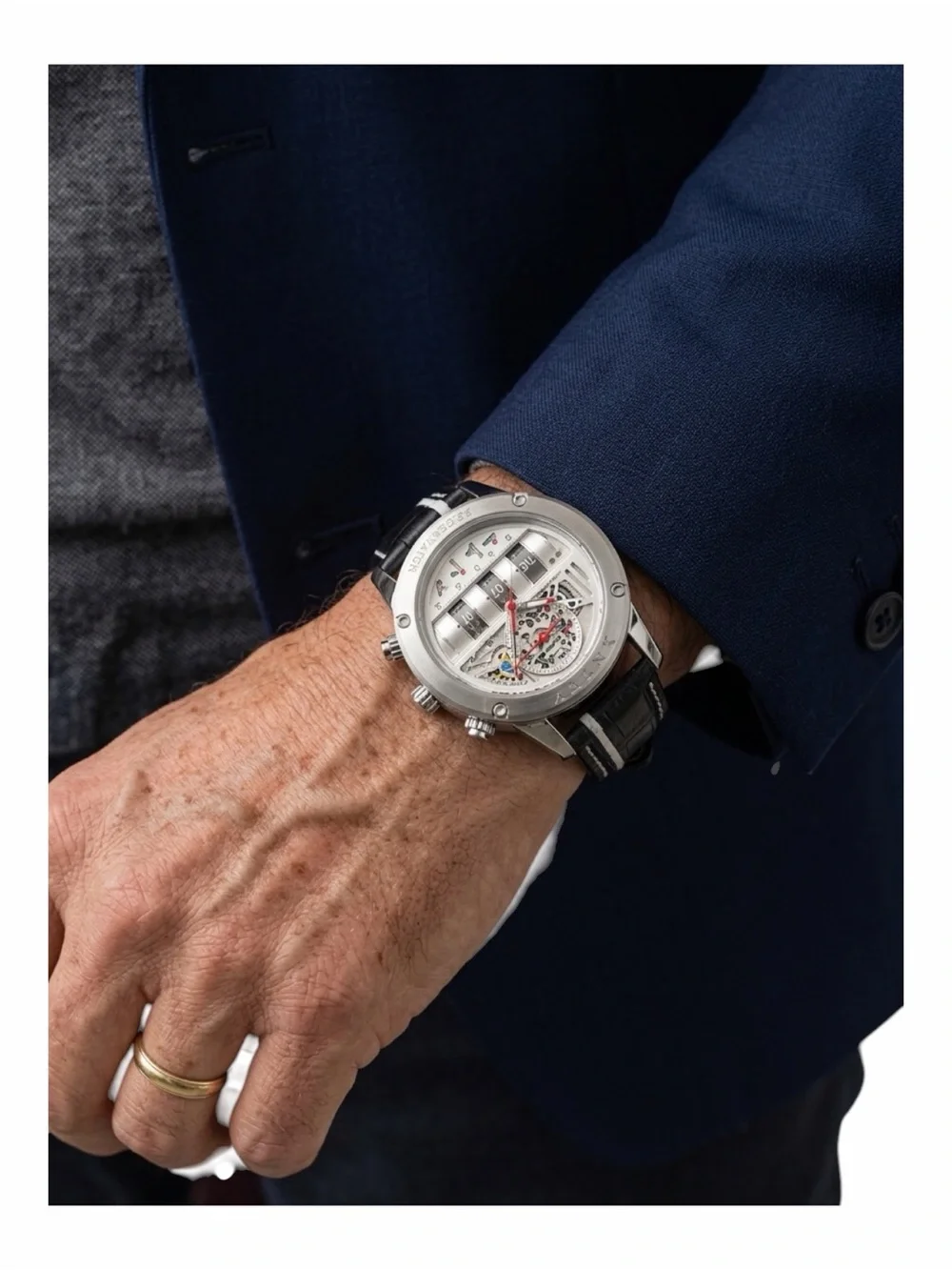 Men's Silver Skeleton Dial Chronograph Watch with Black Leather Strap